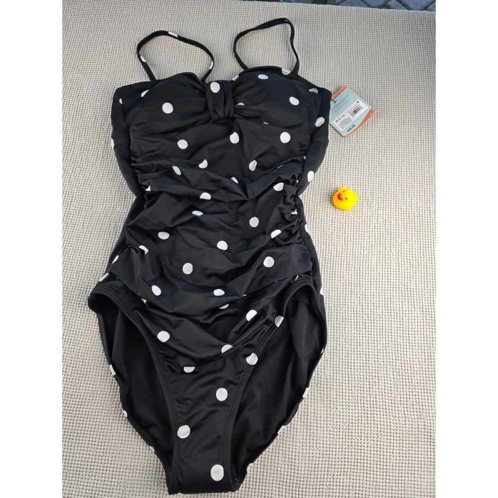 Shade & Shore Womens Black Polka Dot One Piece Swimsuit Ruched Size M 8-10